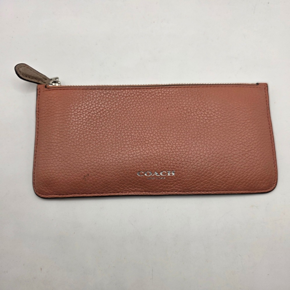 Coach New York Salmon/Pink Pebbled Leather Slim Zip Card Case Wallet